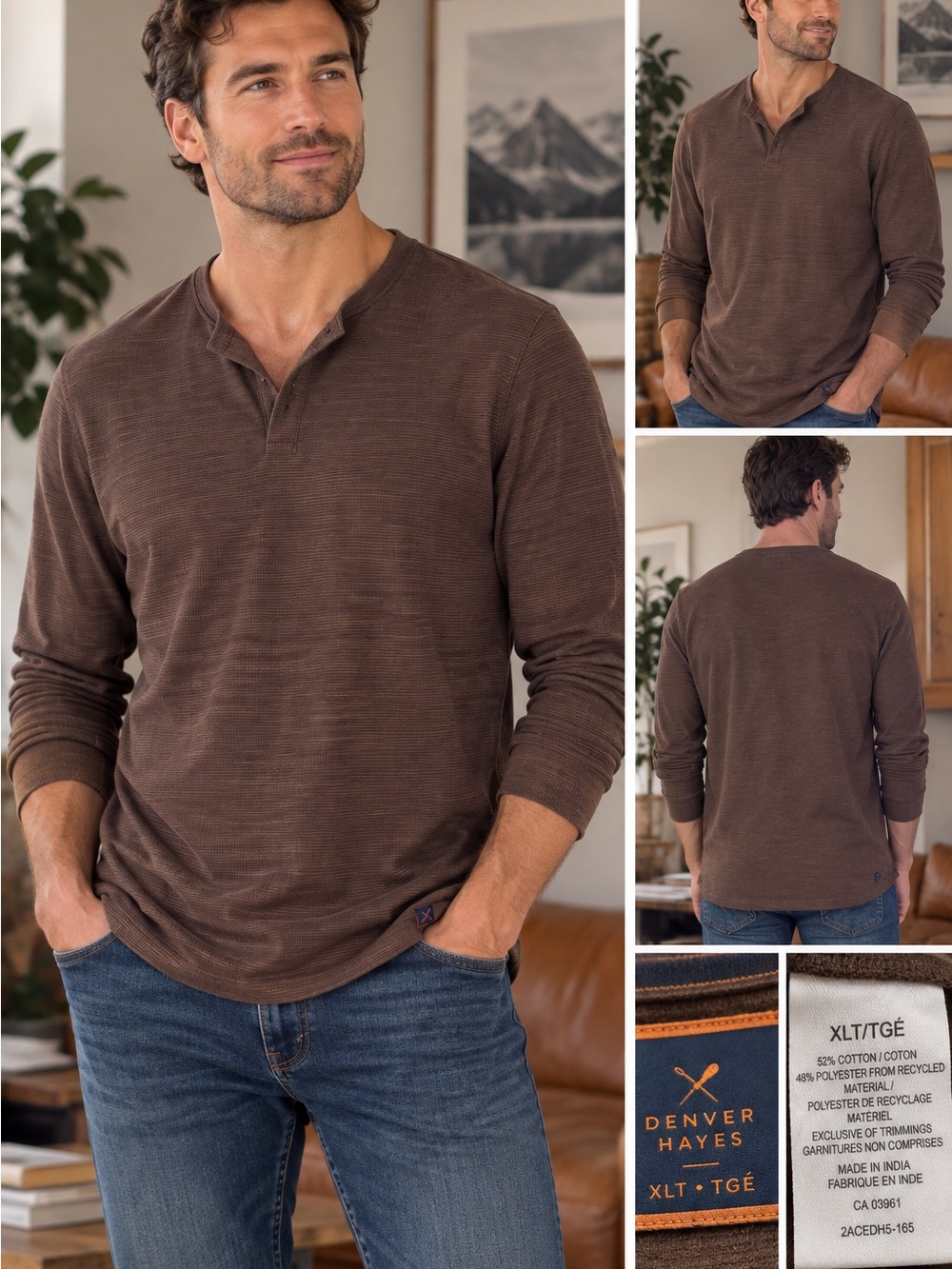 Denver Hayes Men’s Henley Shirt Brown – XLT